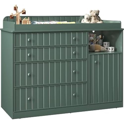 Green Changing Table Dresser with 4 Drawers, Baby Nursery Diaper Table
