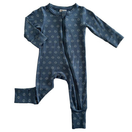 2-Way Convertible Zip Romper, Steel Blue Geo