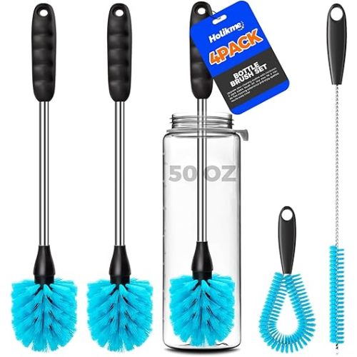 Holikme 4 Pack Bottle Brush Set, 14.5" Long Handle Stainless Steel Bottle Cleaner Brush, Long-Handled 4-in-1 Stainless Steel Bottle Brushes for Water Bottle, Cups, Abrasive Wheel Brushes, Blue