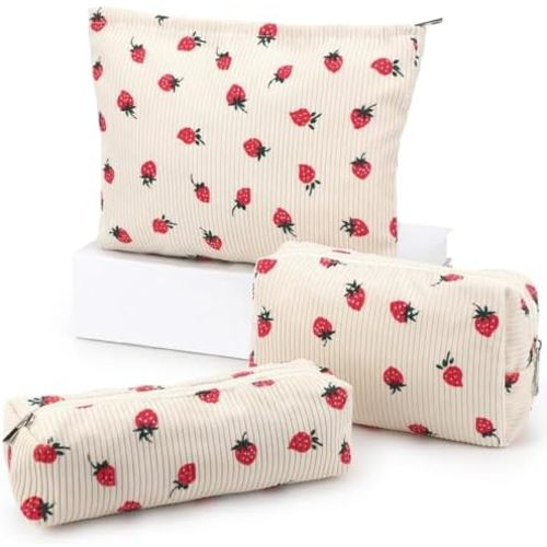 EIMMBD Makeup Bag 3 Pieces Large Capacity Cosmetic Bags Travel Toiletry Bag Organizer Cute Makeup Bag Storage for Women(Beige Strawberry)
