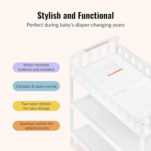 Dream On Me Emily Changing Table, Compact and Lightweight, Solid New Zealand Pinewood, Elevated Safety Rails, Two Storage Shelves, Includes Water-Resistant 1" Changing Pad — White