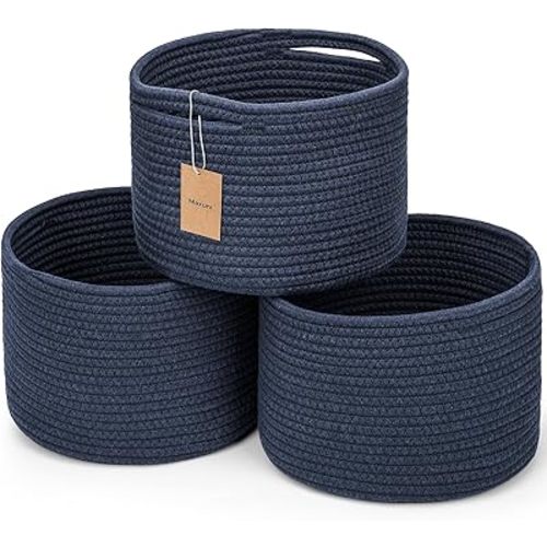 Small Rope Baskets for Storage, Baskets for Gifts Empty, Cute Round Woven Baskets, Decorative Shelf Basket 9.82×9.82×7.1", Cotton Toy Basket Storage Bins for Organizer 3 Packs Navy Blue