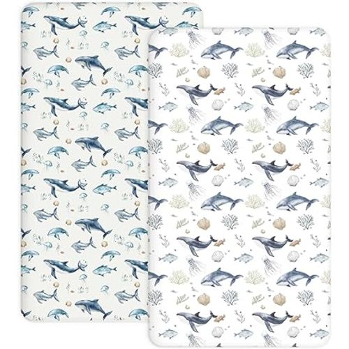 Crib Sheets for Boys Girls, 2 Pack Jersey Knit Fitted Crib Sheets for Standard Toddler Mattress 28"x 52", Soft and Breathable Baby Bedding (Crib Sheet, Aquatic Adventures)