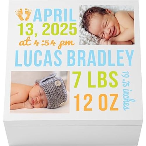 Let's Make Memories Personalized Photo Keepsake Box for New Baby - Memento Storage - Memories Box - Nursery Décor - 12" Sq x 6" H - Bundle of Love - Blue