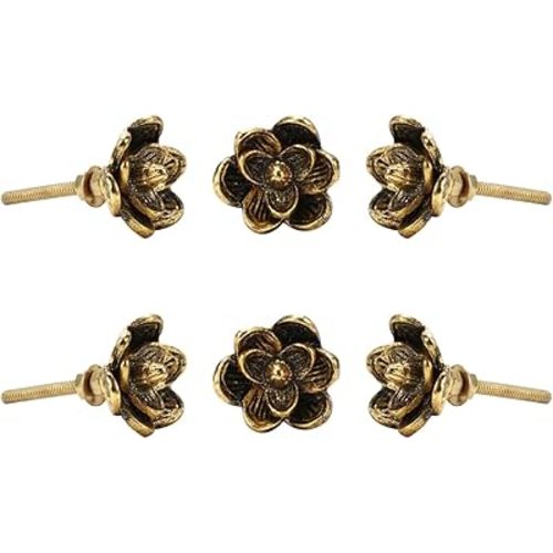 Perilla Home Set of 6 Gold Antique Knobs - Vintage Decorative Gold Flower Handle Knobs - for Room, Interior, Kitchen Cabinet, Hardware Cupboard, Door Knobs, Dresser, Wardrobe, and Drawer Pulls