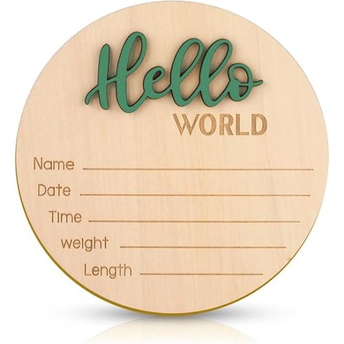 Baby Announcement Sign, 5.9 Inch Wooden Hello World Newborn Welcome Sign Birth Baby Name Plaques for Photo Props Baby Shower Hospital Nursery(Green)