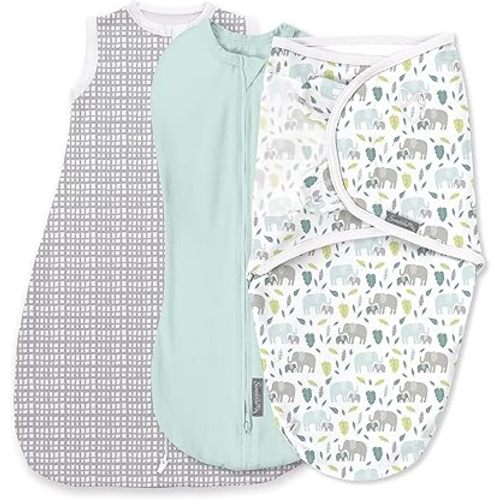SwaddleMe by Ingenuity Swaddle, Compression Pod, & Sleep Sack Set, Gift Set, 0-3 Months, 3-Pack - Baby Elephant