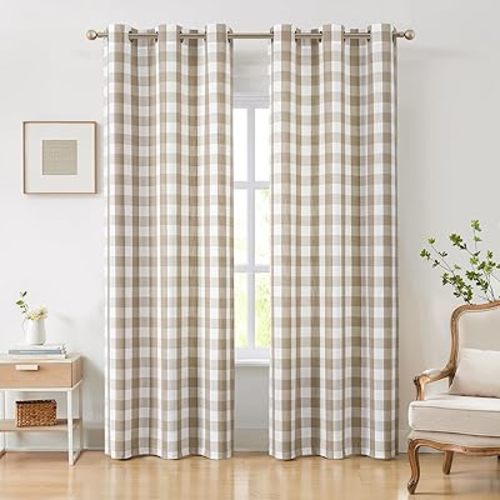 Amzdecor Buffalo Plaid Grommet Curtains 84 Inch Length, Tan Semi-Sheer Gingham Check Farmhouse Rustic Textured Curtains Drapery for Living Room Bedroom,2 Panels (40" x 84",Beige/Tan & White)