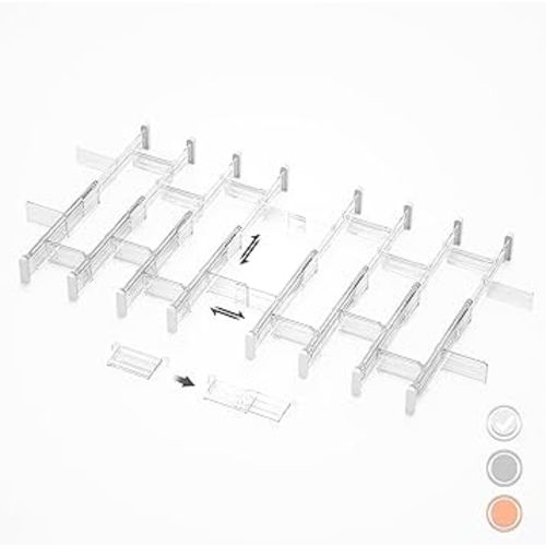 HiYZ Expandable Drawer Dividers with Inserts - Adjustable Drawer Organizers Separators for Kitchen, Bedroom, Dresser, Office, 8 Long Dividers(12.6-22.8 IN) with 16 Inserts(3.9-7.1 IN) - Clear