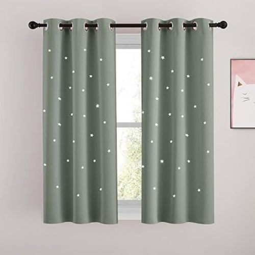 NICETOWN Sage Green Nursery Curtains with Cut Out Stars, Room Darkening Kids Curtains for Small Window Decor, Grommet Thermal Insulated Short Drapes, 2 Panels, 34 x 54 Inch