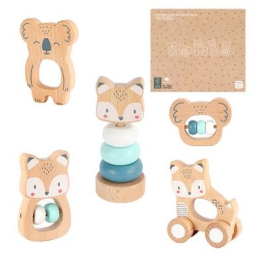 Freniland™ - Wooden Baby Rattle Toy Set – 5 PCS Blue Animal Themed Teether and Rattles, Natural Beech Wood Montessori Toys for 10M+