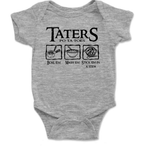 Taters Onesie® - Boil Em Mash Em Stick Em In A Stew - 100% Cotton - Available in White, Heather Gray or Pink (0-3 Month, Heather Gray)