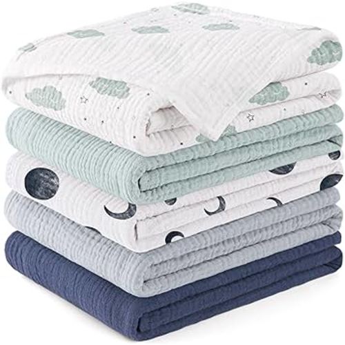 Susurration Baby Burp Cloths 5 Pack 100% Cotton Muslin Baby Washcloths 23.6 * 23.6 inch, Burping Cloths for Babies, Newborn Baby Boys Girls Essentials-Blue