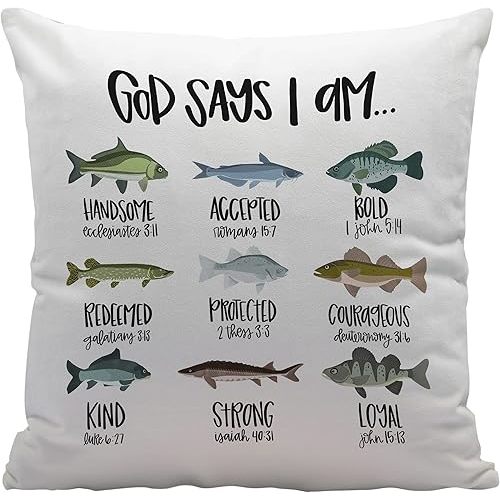 Christian Bible Scripture God Says I am Fishing Throw Pillow Cover Decor for Home Kids Room Nursery Playroom Decor,Fishing Gifts for Kids Girls Boys,Christian Gifts for Women Teen Girls,18x18 Inches