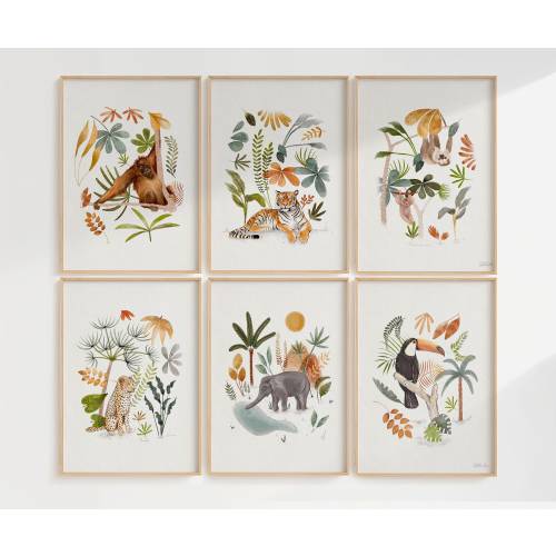 Set of 6 Jungle Animal Nursery Art Prints, Baby Boy Room Decor, Wall Art for Kids Room, Rainforest Decor for Children, Tropical Art Playroom