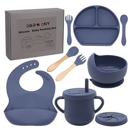 100% Silicone Baby Feeding Set, BPA Free Baby Dishes with Suction Bowl, Divided Plate, Toddler Self Feeding Dish Set with Spoons, Forks, Sippy Cup and Bib, Baby Eating Utensils (Navy Blue)
