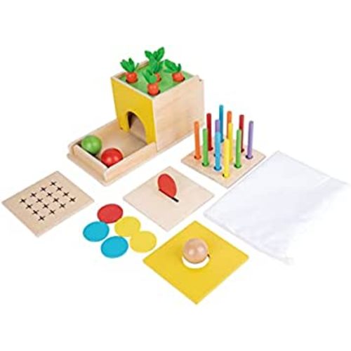 Adena Montessori 5 in 1 Wooden Montessori Play Kit Baby Toys,Object Permanence Box,Matchstick Color Drop,Cotton Swab Drop Game,Carrot Harvest and Coin Box for Kid 1 Year Old,Gift for Baby 6-12 Month