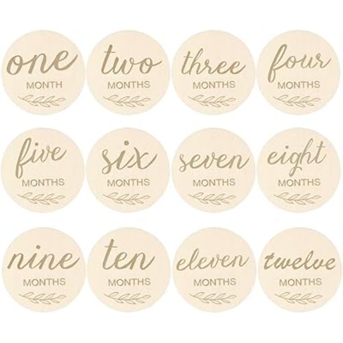 12pcs Wooden Baby Monthly Milestone Cards,Pregnancy and Baby Growth Monthly Milestone Wood Discs,Milestone for Baby Boy,Months Signs Milestone for Baby Girl,Fathers Day Gift,Plant Pattern One Side