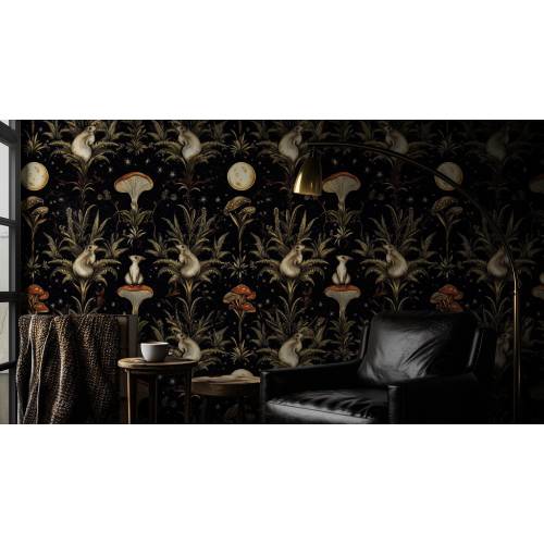 Dark Whimsical Mushroom Wallpaper | Enchanted Forest Gothic Woodland Wall Mural | Removable Peel and Stick Mystical Botanical Nature Decor