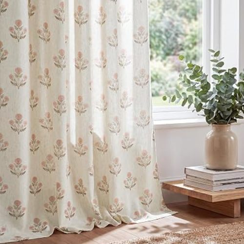 Pink Floral Linen Curtains for Girls Room, W52 x L84, 2 Panels