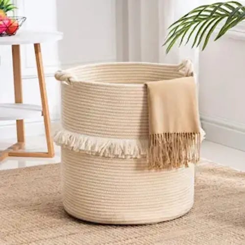 YOUDENOVA Large Woven Rope Storage Basket, Baby Nursery Hamper for Toy&Clothes, Beige Decorative Blanket Basket with Cute Knot Handles & Tassel, Boho Laundry Hamper for Living Room, 15.7 inchx16.9 inch - Large (Pack of 1)