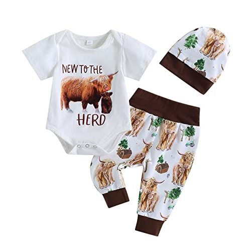 SAYOO Western Newborn Baby Boys Cowboy Outfits Cow Print Letter Bodysuit+Long Leggings+Cap 3pcs Infant Boy Country Clothes (Brown 8, 0-3 Months)