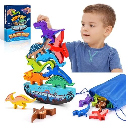 IPOURUP Dinosaur Toys for Kids 3-5: Wooden Stacking Montessori Toys for 3 4 5 6 7 8 Year Old Boys Girls Birthday Gifts for Kid Ages 4-8 Balance Competition Game for Family Stocking Stuffers
