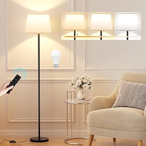 Modern Floor Lamp with Adjustable Brightness, Remote Control, Black, LED Bulbs, White Shade, Foot Switch, Easy Assembly