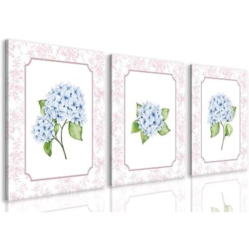 Blue Hydrangea Wall Art Set of 3, Preppy Blue Hydrangea Canvas Prints Poster Picture, Floral Aesthetic Wall Decor for Teen Girls Bedroom Dorm Apartment 16x24 Inch Framed