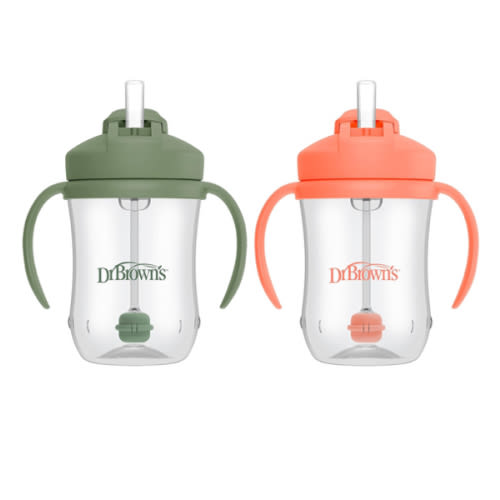 Dr. Brown's Baby's First Straw Cup Bundle, Coral & Olive Green and Vintage Yellow, Weighted Straw Sippy Cups, 2 Pack