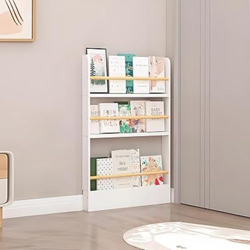 Book Shelf, Behind The Door Bookshelf, Wooden Kids Book Shelf 3/4/5/6 Tier, for Toys and Books, Space-Saving Wall Mount Narrow