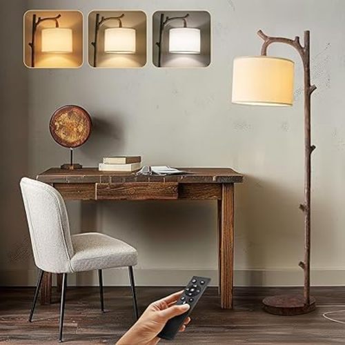 OYEARS Retro Farmhouse Floor Lamp for Living Room with Remote Rustic Standing Lamps Tree Trunk Deco Modern Country Vintage Wood Floor Lamp(Brown,Bulb Included)