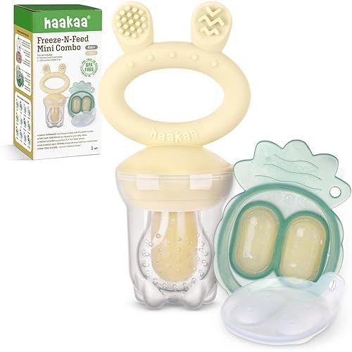 Haakaa Baby Fruit Food Feeder & Mini Freezer Nibble Tray Combo, Breastmilk Popsicle Molds for Baby Cooling Relief, BPA Free Silicone Feeder for Safe Infant Self Feeding, 4 Month+ (Oat)