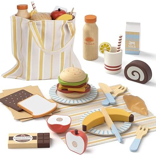 Lehoo Castle Play Food Sets for Kids Kitchen, Wooden Toys Food for Toddlers 1-3, Pretend Picnic Play Set, Cutting Food Toys, Gift for Girls Boys 3 4 5 6