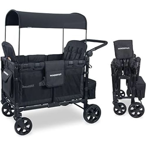 WONDERFOLD W4 Elite Quad Stroller Wagon Featuring 4 Face-to-Face Seats with 5-Point Harnesses, Adjustable Push Handle, and Removable UV-Protection Canopy, Volcanic Black