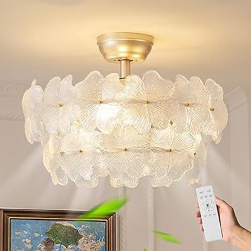 Fandelier Ceiling Fan with Light 20” Gold Flower Chandelier Ceiling Fan with Lihgts Remote Control Modern Crystal for Girl's Bedroom,Nursery,Living Room