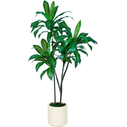 5FT Tall Faux Dracaena Tree with White Tall Planter, Artificial Plants with Natural Wood Trunk and Lifelike Leaves for Home Office Decor, Green