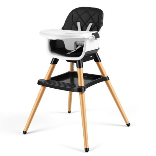 TODECARE High Chair, 7 in 1 Convertible Wooden Highchair for Babies & Toddlers with Adjustable Legs, Double Removable Tray, Safety Harness, Black