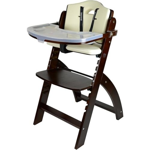 Abiie Beyond Junior Wooden High Chair with Tray - Convertible Baby Highchair - Adjustable High Chair for Babies/Toddlers/6 Months up to 250 Lbs - Stain & Water Resistant Mahogany Wood/Cream Cushion