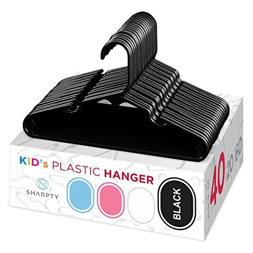 Sharpty Kids Plastic Hangers, Children's Hangers for Baby, Toddler, and Child Clothes - Everyday Standard Use - Ideal for Boys and Girls Closet, Clothing, Pants, Coats, and More - Black, 40 Pack