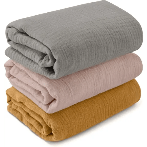 Muslin Swaddle Blankets for Newborn, 3 Pack Breathable Soft Receiving Blanket, Large 38 x 40 inches Swaddle Wrap Burping Clothes, Essentials Infant Shower Items, Toddler Gift (Multiple Colors)