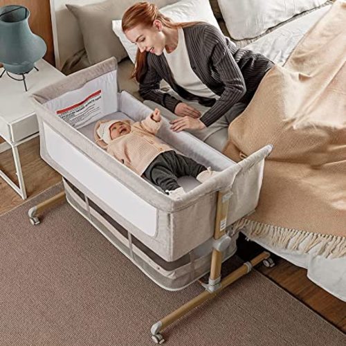 Baby Bassinet Bedside Sleeper, besrey Bedside Bassinet for Newborn Infant with 9 Height Positions, Easy Assemble, Adjustable Bedside Crib with 360° Swivel Wheels, Bassinet Sleeper with Storage Basket - Warm Grey