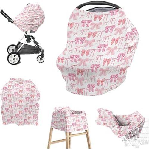 Baby Girls 5-in-1 Car Seat Covers Watercolor Pink Bows, Cute Ribbon Bowknot Multi-use Privacy Nursing Breastfeeding Cover, Carseat Canopy Carrier Newborn Infant Shower Gift