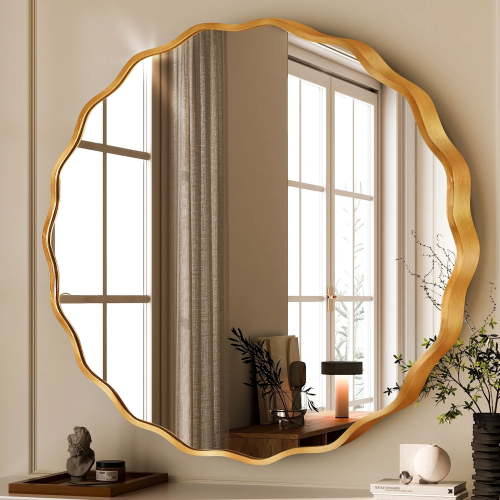 TEWLOSS 24inch Round Wavy Wall Mirror, Gold Metal Frame for Bathroom & Vanity Decor