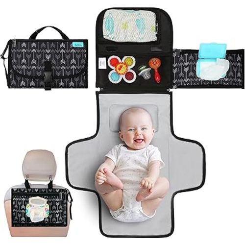 Portable Diaper Changing Pad, Portable Changing pad for Newborn Girl & Boy - Baby Changing Pad with Smart Wipes Pocket – Waterproof Travel Changing Kit - Baby Gift by Kopi Baby - Black Arrow