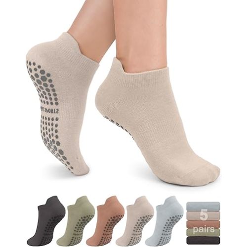 5 Pairs Pilates Grip Socks Yoga Socks with Grips for Women, Non-Slip Athletic Socks for Ballet, Dance, Workout, Hospital