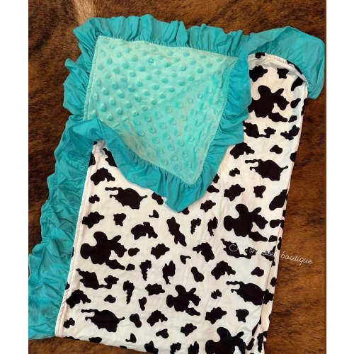 Turquoise ruffle cowprint baby Minky blanket