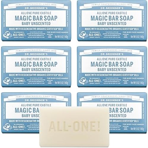 Dr. Bronner's Pure-Castile Magic Bar Soap (Baby Unscented, 5 oz, 6-Pack) - Made with Regenerative Organic Certified Oils, For Face, Body & Hair, Gentle for Sensitive Skin - Vegan, Non-GMO