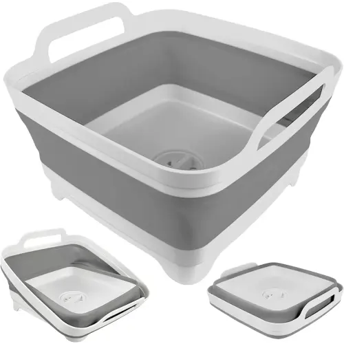 Collapsible Wash Basin with Drain Plug - 2.4 Gallon (9L) Portable Sink for RV Camping,Space-Saving Dish Pan and Wash Basin for Baby Bottles - Collapsible Dish Tub (Gray)