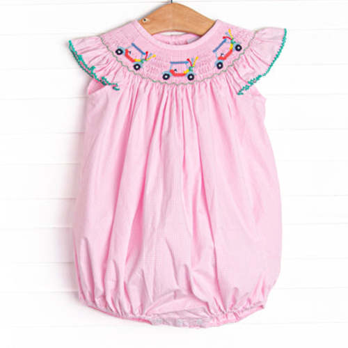 Gone Golfin' Smocked Girl Bubble, Pink Gingham – Stitchy Fish